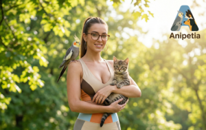 Chica en el parque con perro beagle gato y ninfa carolina - Comunidad ANIPETIA